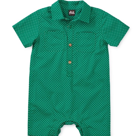 NWT Tea Collection Green Polka Dot Romper sz 12-18 months - Picture 1 of 5